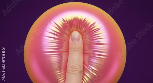 Human finger pressing into a soft iridescent sphere on purple background