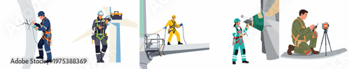 Flat vector illustrations of wind turbine technicians and engineers performing maintenance, inspections, and repairs on renewable energy infrastructure.