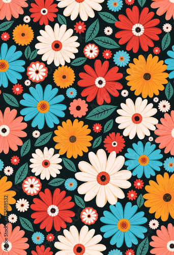 Colorful seamless retro floral pattern featuring stylized blooming flowers in bold vibrant colors for vintage mid century wallpapers and playful bohemian textile design.
