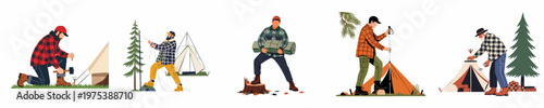Set of flat vector illustrations depicting men engaged in outdoor camping activities like setting up tents and preparing gear in a nature environment.
