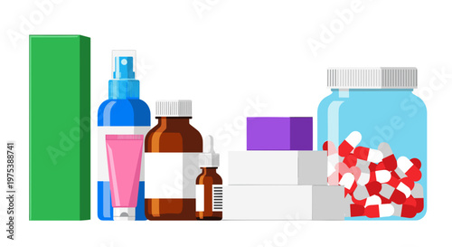 Assorted pharmaceutical products and medications in various containers including bottles spray boxes and capsules
