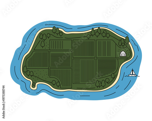 Aerial View of a Serene Island Farm Landscape with a House and Sailboat in a Calm River Environment