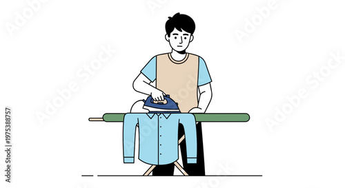 Man ironing a blue shirt on an ironing board with an iron domestic chore household task clothing care clean laundry
