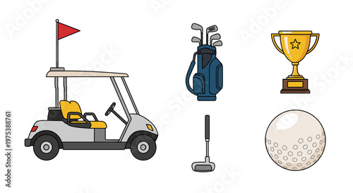 Collection of flat design golf icons including a golf cart with flag bag of clubs putter trophy and ball on a white
