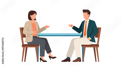 Two professionals in business attire engaged in a discussion across a table conveying collaboration and communication