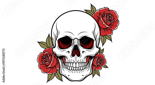 Gothic skull with red roses and dark red eyes detailed vector illustration symbolizing mortality romance