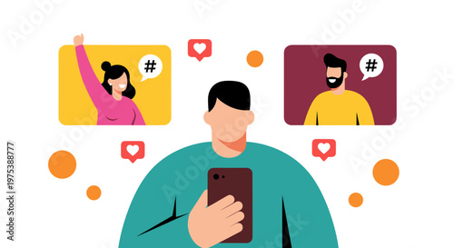 Man using smartphone to connect with people online social media engagement likes and shares digital communication