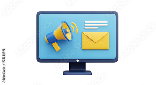 3D Icon of Megaphone and Envelope on Computer Screen