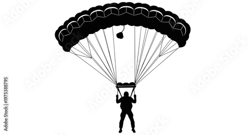 Silhouette of a skydiver descending with a fully deployed parachute against a stark white background embodying