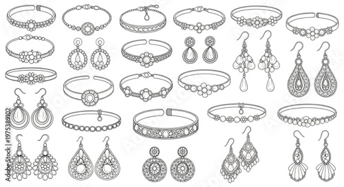 Elegant Jewelry Collection - Bracelets and Earrings in Detailed Sketch.