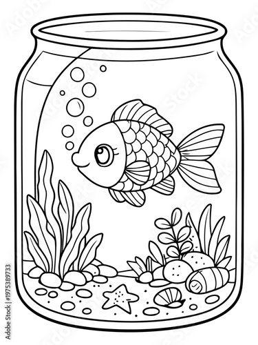 Fish in a glass jar: A whimsical drawing showcases a goldfish swimming peacefully inside a glass jar, surrounded by aquatic plants, bubbles, and decorative rocks.