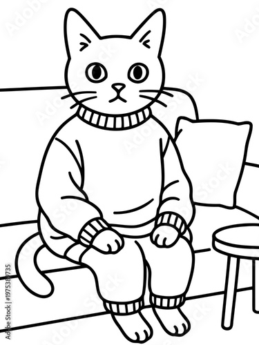 Cat on the Sofa: A charming cat, donning cozy attire, sits poised and observant on a comfortable sofa, a tableau of feline serenity.