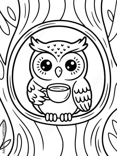 Owl Sipping Tea in Tree Hole: A charming owl, nestled within a cozy tree hollow, sips tea with a sense of calm. A perfect illustration for a child or anyone who enjoy cozy feeling. 