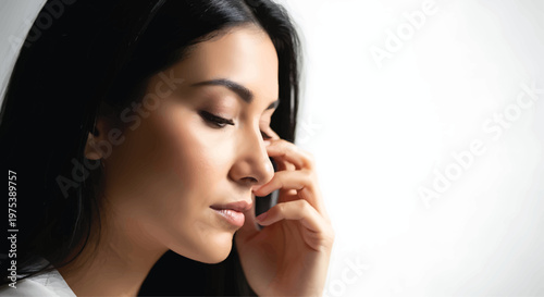 Asian Woman Touching Face Thinking on White Background