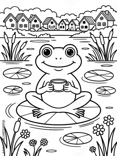 Frog's Serene Tea Break: A cheerful cartoon frog sits peacefully on a lily pad in a tranquil pond, sipping from a delicate cup, with a charming village reflected in the calm water.