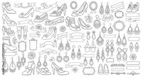 Elegant jewelry collection - earrings, rings, and high heels, a fashion illustration.