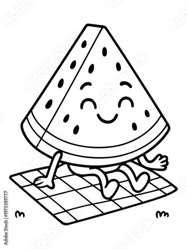 Cheerful Watermelon: A happy watermelon slice rests comfortably on a picnic blanket, embodying summer and joy with a cheerful smile.