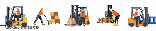 Set of Warehouse Workers Operating Forklifts and Handling Cargo with Pallet Jacks in an Industrial Setting Illustration