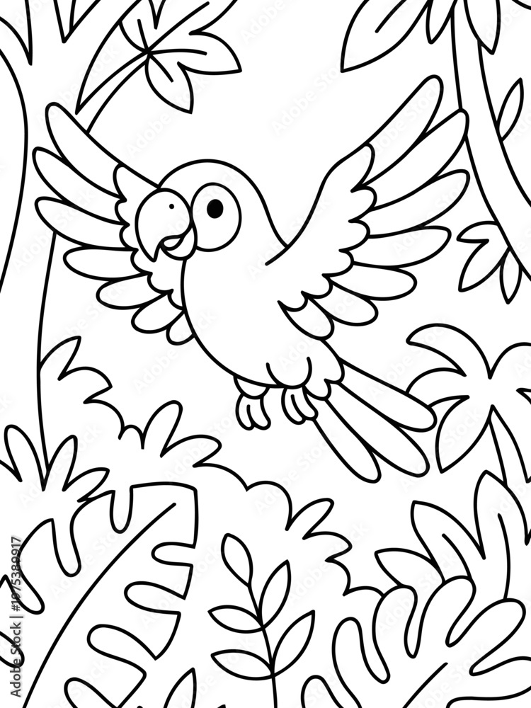 Obraz premium Flying Parrot in Lush Jungle: A vibrant parrot soars through a dense jungle canopy, its feathers outstretched against a backdrop of lush foliage, a symbol of freedom.