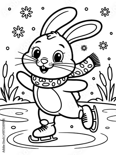Whimsical Winter Wonderland: A cheerful, cartoon-style rabbit, donned in a scarf and skates, glides gracefully on a sheet of ice, as delicate snowflakes gently fall in this wintery scene. 