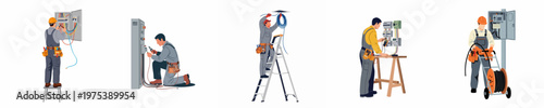 Set of professional electricians performing various electrical installation, maintenance, and repair tasks in flat vector illustration style.