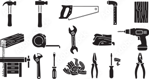 Collection of various tools and equipment for carpentry work
