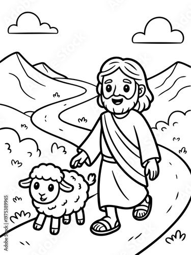 The Shepherd's Journey: A benevolent figure, walks beside a gentle sheep along a winding path, a symbol of guidance and compassion, set against a backdrop of rolling hills and fluffy clouds.
