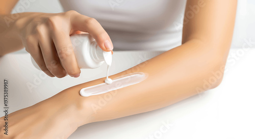 Woman Applying Lotion on Arm on White Table