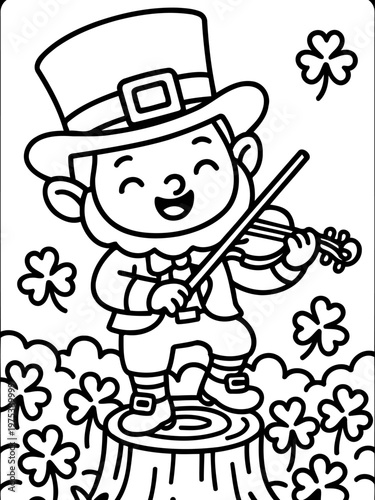 Lucky Charm’s Musical Serenade: A cheerful leprechaun, beaming with joy, stands upon a tree stump, skillfully playing the violin.