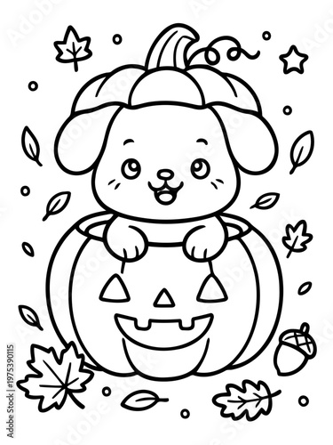 Whimsical Halloween pup : A charming illustration of a happy pup nestled inside a jack-o'-lantern, surrounded by festive autumn leaves, stars, and an acorn, ready to celebrate the season.