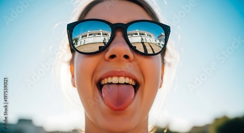 Young Woman Wearing Sunglasses Sticking Out Tongue Outdoors.