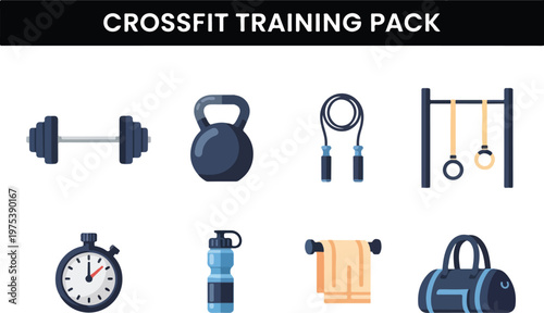 Crossfit Training Equipment Set Featuring Dumbbells, Kettlebells, Jump Rope, Rings, Stopwatch, Water Bottle, Towel, and Gym Bag