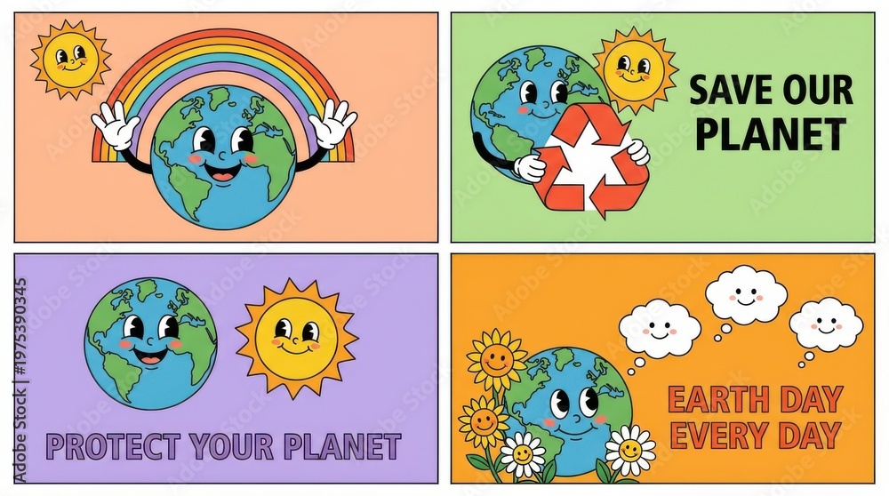 Fototapeta premium Set of earth day posters with cute cartoon globe and sun