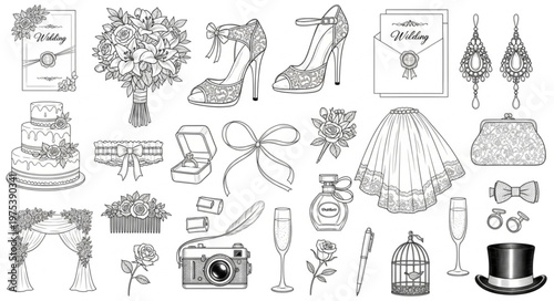 Elegant Wedding Elements - A Collection of Artistic Illustrations.