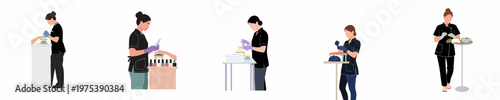 Professional nail technician illustration set showing manicurists performing various beauty services like painting, filing, and preparing tools in a modern spa or salon.
