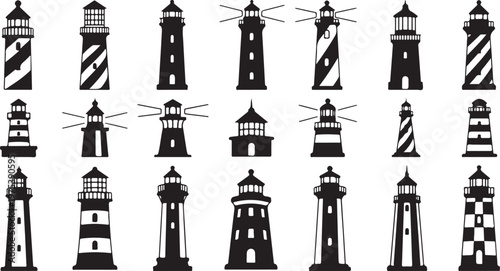 Collection of various lighthouse silhouettes and designs on white