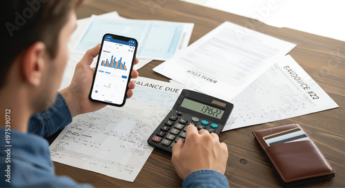 Man Calculating Finance on Smartphone and Calculator at Desk