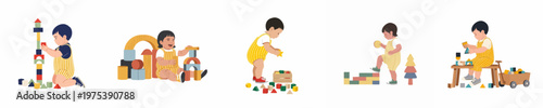 Collection of diverse toddlers playing with colorful wooden building blocks, showcasing early childhood development and creative educational playtime activities.