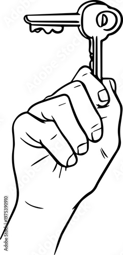 Hand Drawn Hand Holding Key Black and White Illustration in Minimal Line Art Style Design