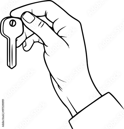 Hand Drawn Hand Holding Key Black and White Illustration in Minimal Line Art Style Design
