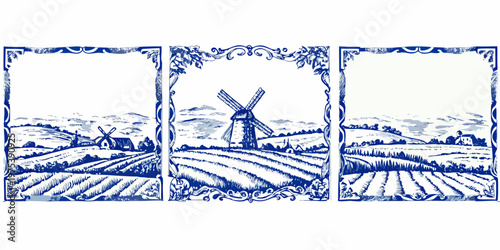Blue and white triptych depicts a pastoral scene with windmills and fields