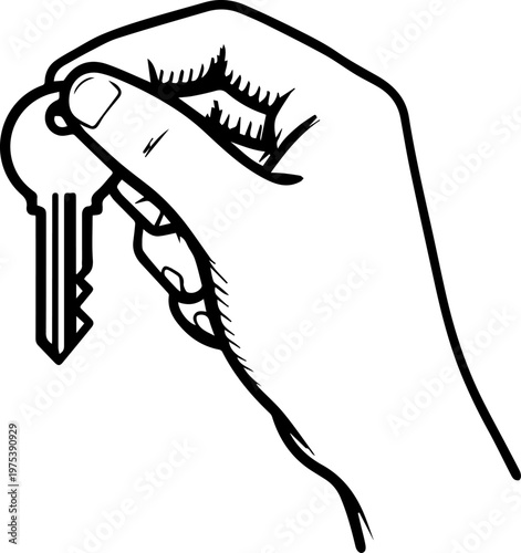 Hand Drawn Hand Holding Key Black and White Illustration in Minimal Line Art Style Design