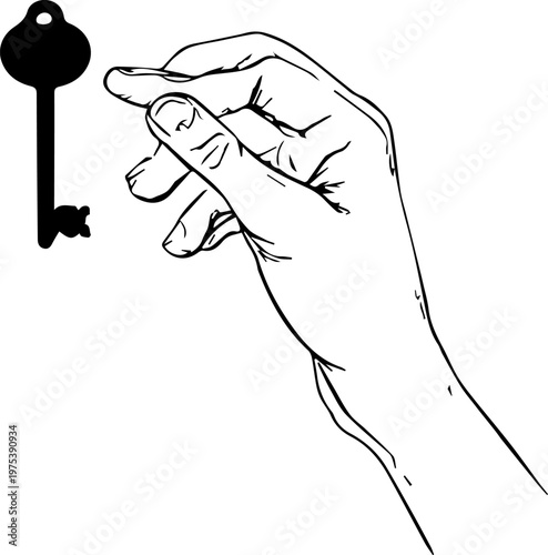 Hand Drawn Hand Holding Key Black and White Illustration in Minimal Line Art Style Design