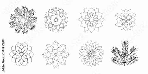 Collection of intricate hand drawn floral and geometric snowflake designs