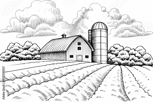Vintage style illustration of a farmhouse silo and cultivated fields
