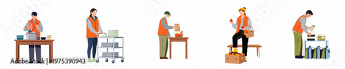Vector illustrations set of diverse volunteers providing food aid, serving meals, packing donations, and distributing groceries to help the community in need.