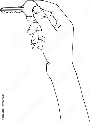 Hand Drawn Hand Holding Key Black and White Illustration in Minimal Line Art Style Design