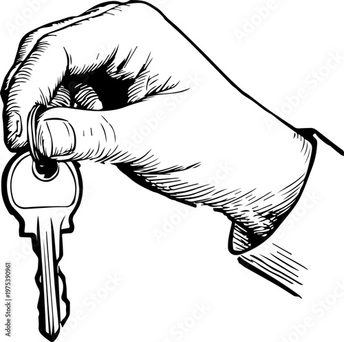 Hand Drawn Hand Holding Key Black and White Illustration in Minimal Line Art Style Design