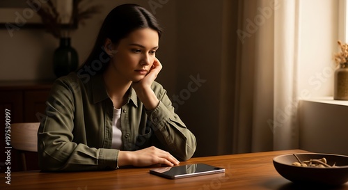 Young Woman Feeling Sad and Lonely While Looking at Her Phone.