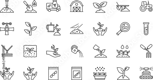 Agriculture and gardening line icon set, featuring tractor, barn, seeds, watering tools and plant growth, for farming and ecological designs.